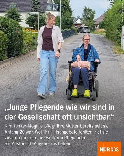 "Junge Pflegende wie wir sind in der Gesellschaft oft unsichtbar."
Kim Junker-Mogalle pflegt ihre Mutter bereits, seit sie Anfang 20 war. Weil ihr Hilfsangebote fehlten,rief sie zusammen mit einer weiteren Pflegenden ein Austausch-Angebot ins Leben.