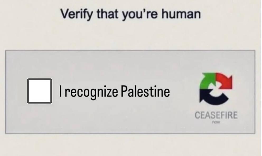 typical Captcha window with tic box and text: ﻿Verify that you're human * I recognize Palestine  CEASEFIRE now