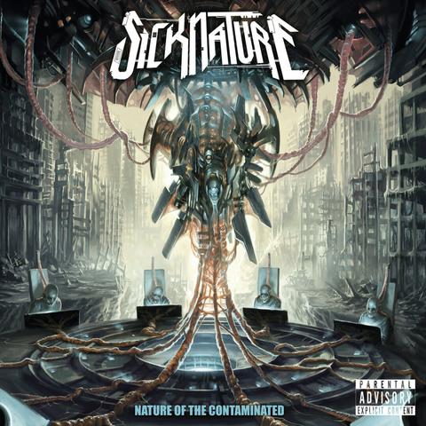 The album cover for Nature of the Contaminated by Sicknature features a dark, dystopian sci-fi scene illustrated in a hyper-detailed digital painting style. At the center, a biomechanical creature or machine suspends a human figure in a web of fleshy, vein-like tubes, evoking themes of control, contamination, and cybernetic oppression. Four eerie, skull-faced figures are seated around a circular terminal, connected to screens and wires, as if feeding the central machine. The backdrop shows a crumbling, industrial wasteland filled with destroyed skyscrapers and haunting machinery. The artwork’s cold tones, high-contrast lighting, and precision linework give it a cinematic, horror-meets-cyberpunk aesthetic.