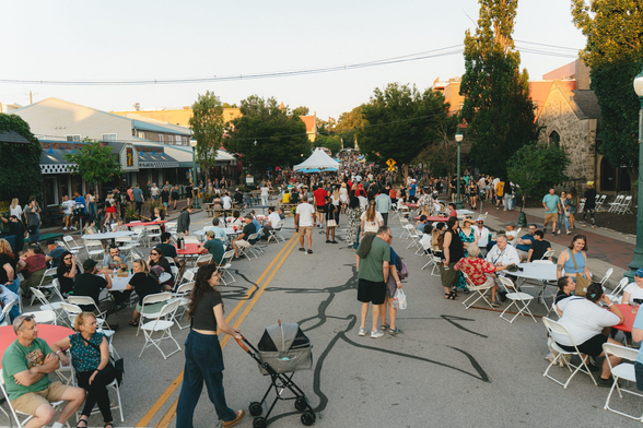 Crowded pedestrian street in Bloomington, IN. Photo by Kelton O'Connell for the B Square Bulletin.