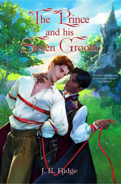 Book cover art for "The prince and his groom" by J.E. Ridge
Two handsome men stand at the green lawn with a vague shape of a wizard's tower behind them. One man, with brown skin holds the other one by the neck from behind. And seems to have him tied by a red shibary cord. The other man with fair skin and red hair leans back into him
