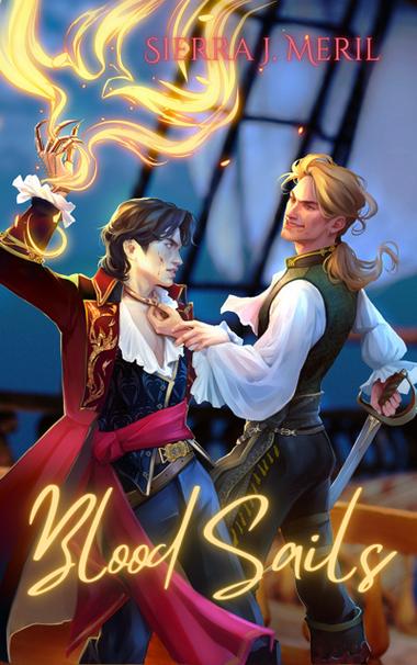 Book cover art for "Blood Sails" by Sierra. J. Meril
Two white men caught ina dynamic fight on a deck of a pirate ship. 
They are both dressed in  richly decorated pirate clothes. One is a mage and has a fire spell ready to launch that is in a shape of a fiery bird. The other hold a  sabre. Despite them fighting  some erotic tention is palpable between them.