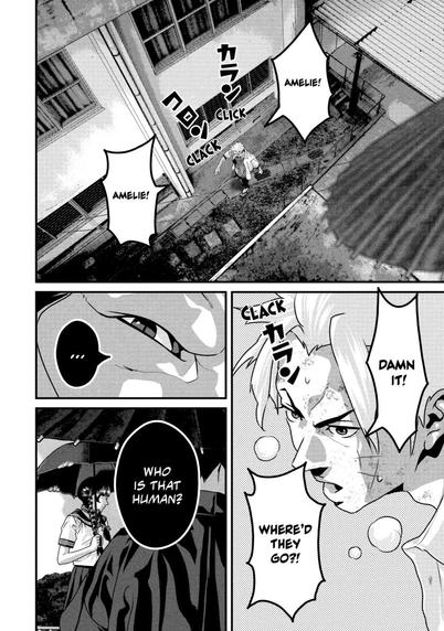 Page 148 of volume one of “Dra-Q” by Chiyo

Panel 1: Long shot from a school roof down at Pako walking through a courtyard yelling, “Amelie! Amelie!”
A traditional umbrella is out of focus at the near right.

Panel 2: Closeup from above of Pako saying, “Where’d they go?!”

Panel 3: Extreme closeup of an eye with a vertical pupil.

Final Panel: Long shot past a man in a yukata and carrying a traditional umbrella at Amelie in her school uniform carrying a modern umbrella. She is looking down and he is asking, in a white-on-black word balloon, “Who is that human?”