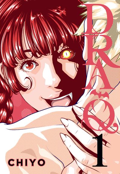 Cover of volume one of “Dra-Q” by Chiyo

Closeup from behind of Pako’s shirtless back. Amelie stands with her arms wrapped around him and her mouth open. The right side of her face is normal, but the left side shows a fang and a slit-pupil, blood-red eye.