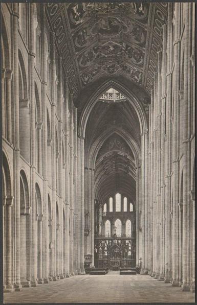 Monochrome real photographic postcard showing a view of the nave of Ely Cathedral in Cambridgeshire.

Published by G.H. Tyndall, Ely, not numbered, c.1920s.

Postally unused.

Excellent condition, with minimal corner bumps and light album marks.