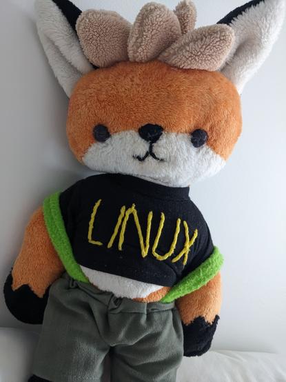 Xenia the linux fox plushy, wearing her LINUX shirt and no glasses head tilted a bit to her right. Orange and white fur with white/blonde hair and ear fur.