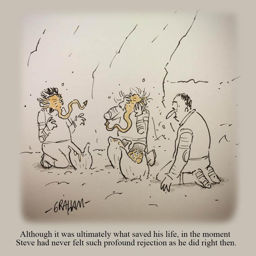 A cartoon illustration of facehugger aliens attacking two astronauts while one disappointed looking facehugger alien stays in its pod looking at sad Steve the astronaut. Caption reads "Although it was ultimately what saved his life, in the moment Steve had never felt such profound rejection as he did right then."
