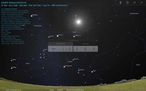 Screenshot from Stellarium, which shows that "my" constellation Gemini (Twins) rises together with the sun in the *morning* of my birthday.