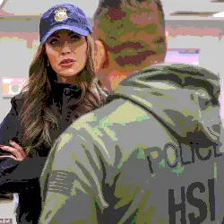 Weibliche Person mit Baseballcap steht vor einem Homeland Security Beamten