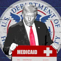 Trump vor dem Emblem der Homeland Security mit einem (hinzumontierten) Medicaid Logo