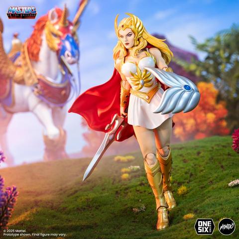 Closer shot of the she-ra figurine holding her sword in one hand and a silver shield with a blue gem in the other, as Swiftwind is visible behind her in the pic.
