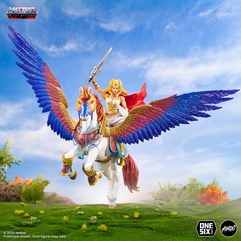 Action figure of She-Ra riding her winged unicorn Swiftwind, sword raised in the air as they are flying above a makeshift field.
