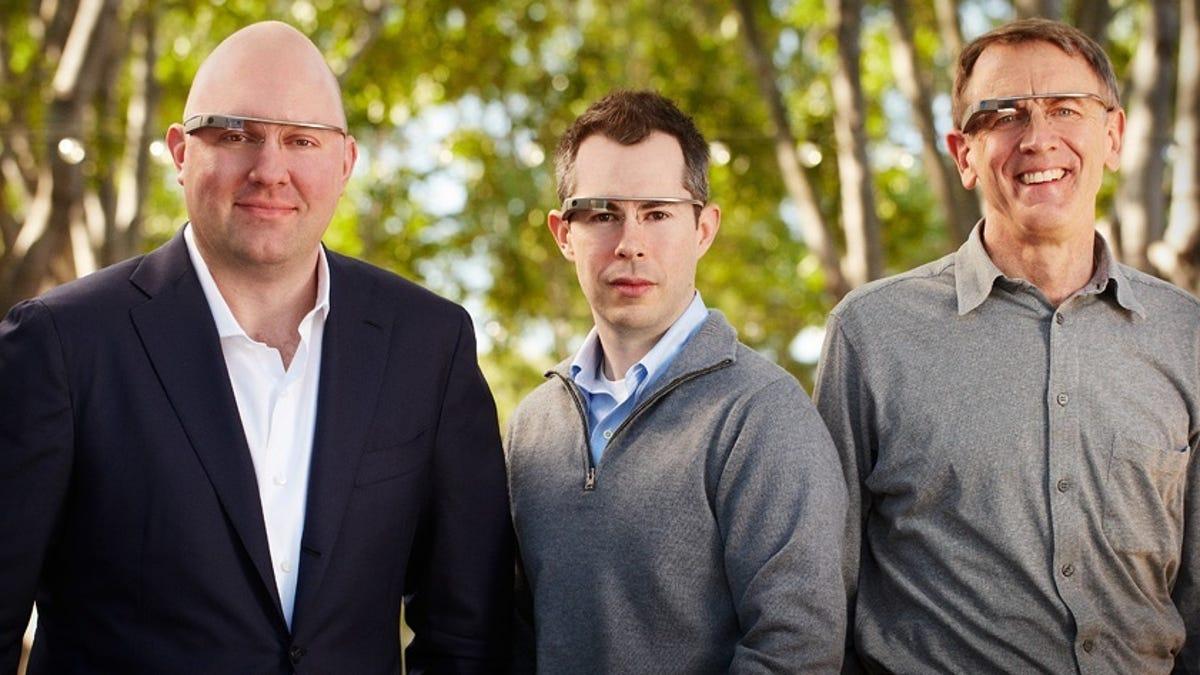 Marc Andreessen, general partner at Andreessen Horowitz, Bill Maris, managing partner at Google Ventures, and John Doerr, general partner of Kleiner Perkins Caufield & Byers. All three are wearing Google Glass and look like toolbags. 2013.