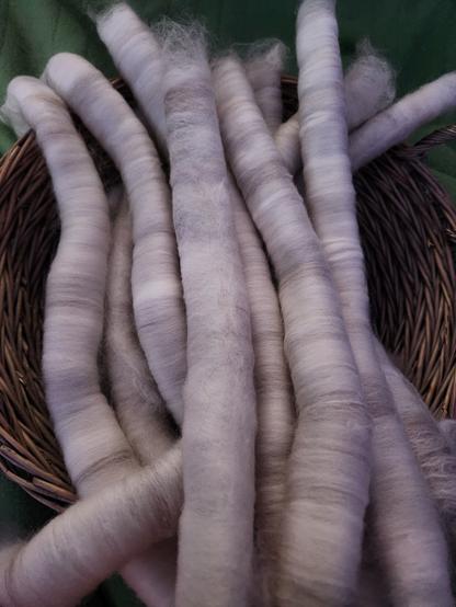 A basket full of tightly rolled, pale gray coils of wool fiber, ready to be spun into yarn.