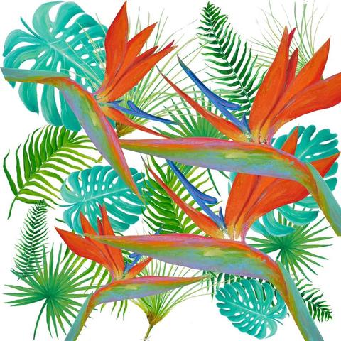 Oil painting of Bird of Paradise flowers overlaying tropical leaves, monstera, palm leaves and ferns. A tropical medley of vibrant flowers and ferns!