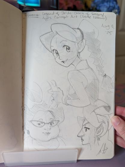 Traditional practice sketches done in pencil, referencing character designs by Yusuke Nakano, from the Legend of Zelda Oracle games on Gameboy Colour. The largest sketch is referenced from key art of the scene where Link meets Din in Oracle of Seasons. The sketch on the bottom-left is referencing another NPC design. On the bottom-right is an original sketch of mine of a Gerudo woman, referencing Vasu the Jeweller's character design. My artist signature is in the bottom-right corner.