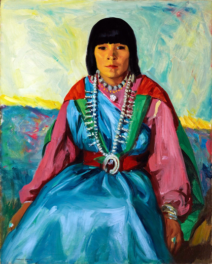 A painting technically of the Ashcan School, although not of its typical subject matter. A Tiwa woman (linguistic group of the Pueblo) wears bright native dress (a rich blue shirt, pink/purple blouse, a brown belt and what looks like a red-and-green cape, with a large silver necklace) and looks out at the viewer in a very self-possessed, matter-of-fact gaze. Her dark hair is square-cut across her forehead. It is painted in quick, gestural strokes, and the background is diffuse and indistinct.