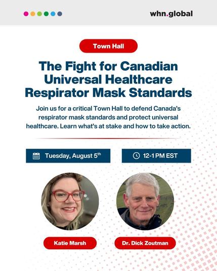 Promotional graphic for a WHN.global Town Hall titled “The Fight for Canadian Universal Healthcare Respirator Mask Standards.” The event aims to defend Canada’s respirator mask standards and protect universal healthcare. It invites the public to learn what’s at stake and how to take action.

Event type: Town Hall (label in red)

Main heading:
“The Fight for Canadian Universal Healthcare Respirator Mask Standards”

Description text:
“Join us for a critical Town Hall to defend Canada’s respirator mask standards and protect universal healthcare. Learn what’s at stake and how to take action.”

Date: Tuesday, August 5ᵗʰ (calendar icon)

Time: 12–1 PM EST (clock icon)

Speakers (with photos):

Katie Marsh (shown smiling with red glasses and long hair)

Dr. Dick Zoutman (shown smiling outdoors in a jacket, with white hair)

The image includes the whn.global logo at the top right and a row of colorful dots at the top left.