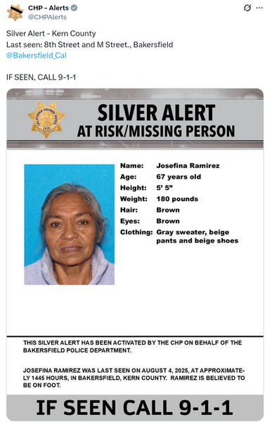 Josefina Ramirez
67 years old
5 5
180 pounds
brown hair
brown eyes
gray sweater, beige pants, beige shoes