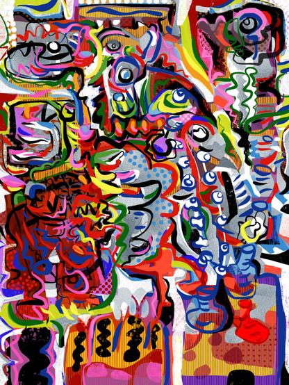 The image shows a vertical format, abstract expressionist digital drawing in bold and vibrant colours, with reds, blues and browns dominating.