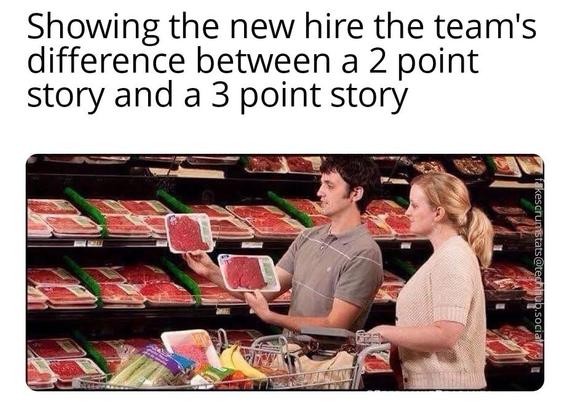 Man and woman a grocery store. The man is showing two similarly sized packages of meat to the woman.

Caption: Showing the new hire the team's difference between a 2 point story and a 3 point story
