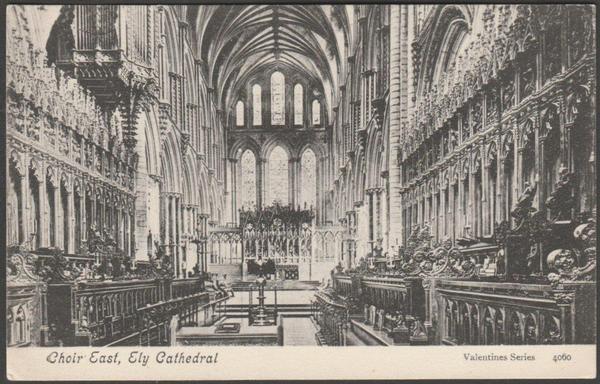 Printed monochrome postcard showing a view of the east choir of Ely Cathedral in Cambridgeshire.

Published by Valentine & Sons Ltd, Dundee & London, Valentine's Series, No 4060, photo registered in 1884, c.1905.

Postally unused, but with lengthy message.

Good condition, with very slight corner bumps, but small bumps to bottom left and top right corners.