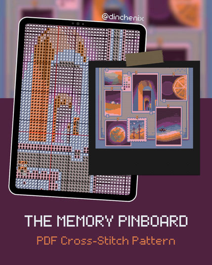 preview graphic showing part of the cross stitch pattern displayed on an tablet and the full artwork on a polaroid, plus the title that reads The Memory Pinboard, PDF cross-stitch pattern