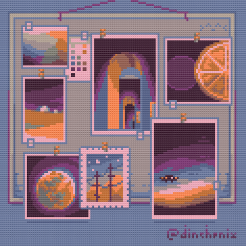 digital preview of the "The Memory Pinboard" artwork as cross-stitch, the artwork is a pixel art style pin board filled with polaroids and pictures showing close-ups of different landscapes and objects like an orange or the moon - all in dark blue, purple and orange hues