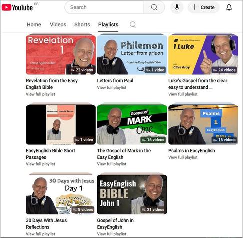 Screenshot of YouTube, the online video sharing platform. Image shows a collection of eight playlists, each with a cover photo of the narrator and a title saying which book of the EasyEnglish Bible is featured in each of the playlists.