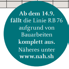 Screenshot einer Blase die auf den Fahrplantabellen aufgedruckt ist. In der Blase steht: Ab dem 14.9. fällt die Linie RB 76 aufgrund von Bauarbeiten komplett aus. Näheres unter www.nah.sh
