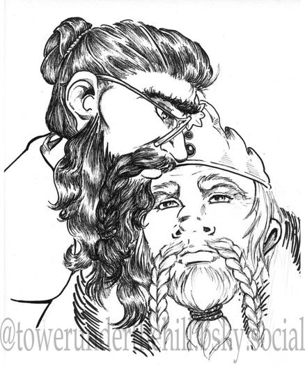 Two male dwarves pressing their faces together romantically. One wears spectacles and has dark, curly facial hair, with the rest of his hair pulled back in a loose manbun. The other has pale, straight hair and wears a simple crown with an eight-point star as its main adornment. Both dwarves have braided mustaches. The image is in black and white.