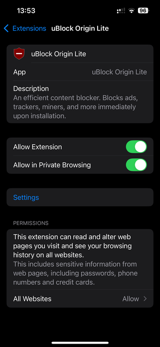 screenshot of iOS settings page for "uBlock Origin Lite"