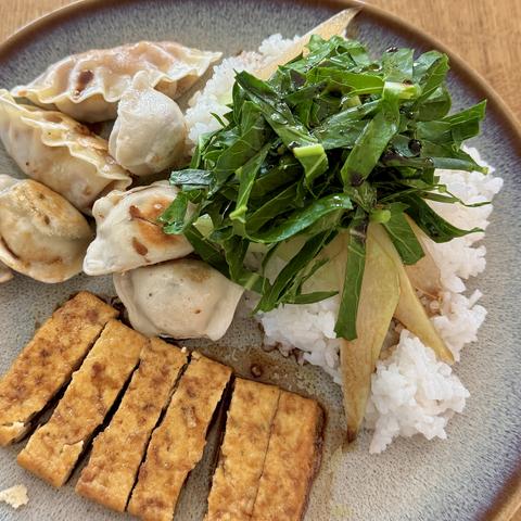 A close-up of my plate with the meal as described in the post.