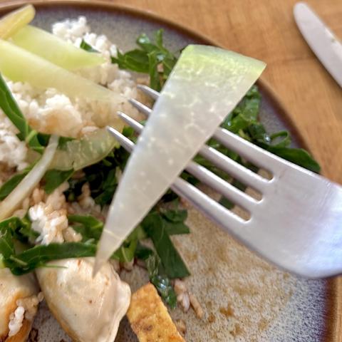 An almost translucent sliver of kohlrabi on my fork held above the plate.