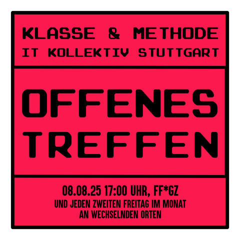Sharepic für das offene Treffen am 8.8. Stilisiertes Klassendiagramm mit rotem Hintergrund