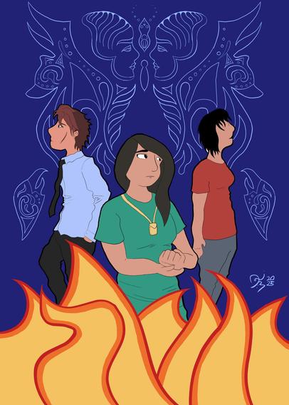 Digital art by Danilynn Jiibay (2025). A visual depiction of the three main characters and aesthetics from Angeline Boulley's debut novel. Firekeeper's Daughter

Characters from left to right: Jaime (dress shirt and pants while looking west and upward; Daanis (green shirt while holding tobacco and wearing a medicine pouch necklace); Lily (red shirt and grey pants while looking east and upward).

Other aesthetics: Background is dark blue with emblem designs based on the first book's design aesthetics. Foreground are the fires reminiscent of said book cover.