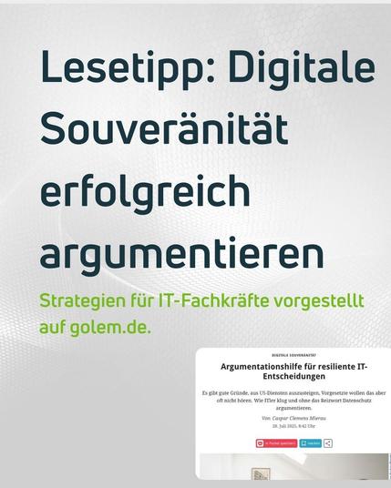 Lesetipp: Digitale Souveränität erfolgreich argumentieren – Strategien für IT-Fachkräfte vorgestellt auf golem.de.“ Die Grafik enthält außerdem einen Screenshot des Artikels „Argumentationshilfe für resiliente IT-Entscheidungen“ von Caspar Clemens Mierau, veröffentlicht am 28. Juli 2025 auf golem.de. Hintergrund mit dezentem, technisch wirkendem Muster.
