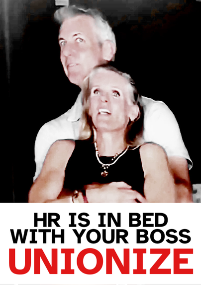 An image of the ceo caught at a Coldplay concert cheating with his hr lead, who was also cheating, with the caption “HR IS IN BED WITH YOUR BOSS. UNIONIZE”