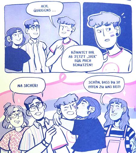 Drei Comicpanel. Die Hauptperson mit den kurzen lockigen Haaren sagt zu den Freunden: Ach übrigens ... könntet ihr ab jetzt sier für mich benutzen? Im ersten Panel zwei Freunde und Theo mit selbstsicherem Blick und der nichtbinären Flagge auf die Wange gemalt. Im zweiten Panel Theo mit unsicherem Blick. Im letzten Panel antworten die Freunde lachend: Na sicher ... schön dass du so offen zu uns bist. Sie umarmen und herzen Theo.