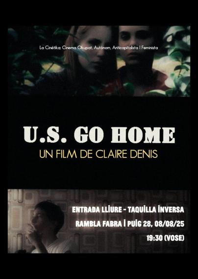Cartell fosc de la pel·lícula U.S. go home, hi ha fragments d'una porta i cares.