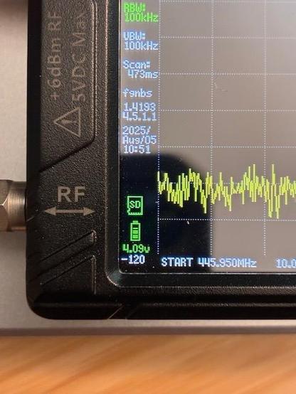 Close up photo of TinySA-Ultra lower left screen area showing small SD card symbol just above the battery status indicator. Press this symbol to capture a screen-grab to the SD card inserted in the unit.