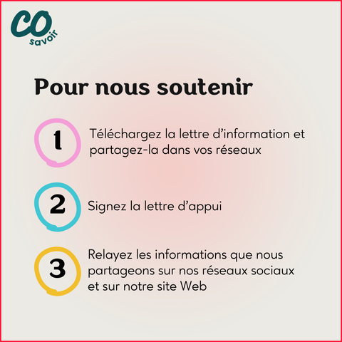 Pour nous soutenir : 

1-Téléchargez la lettre d’information et partagez-la dans vos réseaux

2-Signez la lettre d’appui

3- Relayez les informations que nous partageons sur nos réseaux sociaux et sur notre site Web