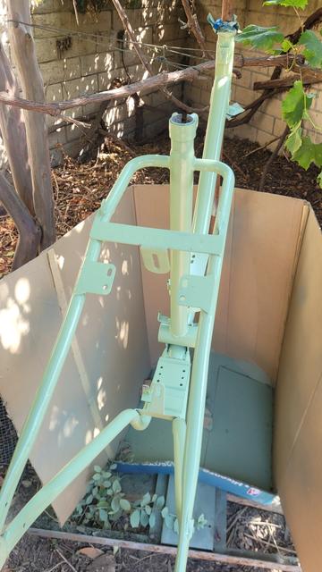 Pale green bicycle frame. Shiny. Someone has also painted some plants, which is not great. Also a cardboard box to shield the rest of the plants from extra paint.