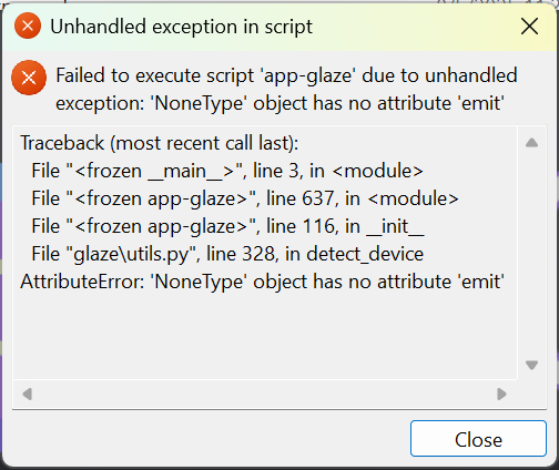An error message from Glaze, saying "unhandled exception in script."