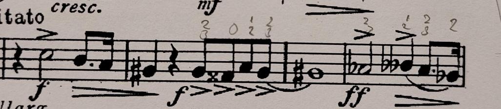 A lot of accidentals, including double sharp and double flat, on a section of sheet music for Eric Ball's The King of Kings.
I've noted the valve position on each note because there's no time to think.