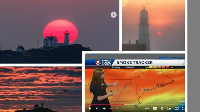 4 photographs. Top to bottom, left to right:
1. A lighthouse with a big red smoky sun behind it.
2. Another lighthouse in hazy smoke -- there is a faint orange sun in the background.
3. An island with a lighthouse with a sky filled with bands of smoky, glowing clouds.
4. A screen grab of a female meteorologist (Emily Pike) pointing to a map of Maine, which is covered with orange color, indicating wildfire smoke. The text reads: 8 Maine's Total Weather, Smoke Tracker