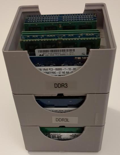 Three 3D-printed SO-DIMM RAM Storage bins, stacked.