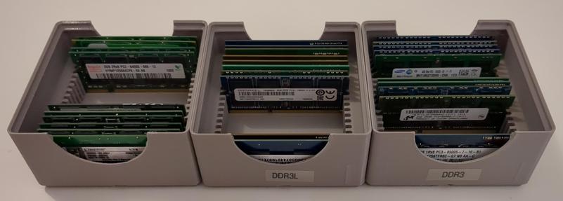 Three 3D-printed SO-DIMM RAM Storage bins, side by side.