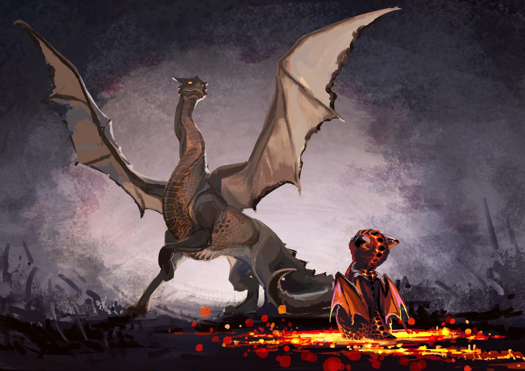 Digital painting for the Smaugust 2025 drawing challenge prompts "paper" and "cinder". A large dragon with paper wings (slightly burnt) is cowering away from a smaller dragon glowing from within, burnt ground and sparks around it.
