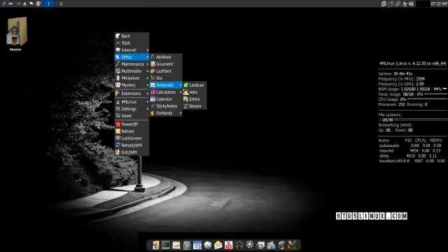 Screenshot of 4MLinux 49.0 showing the main desktop.